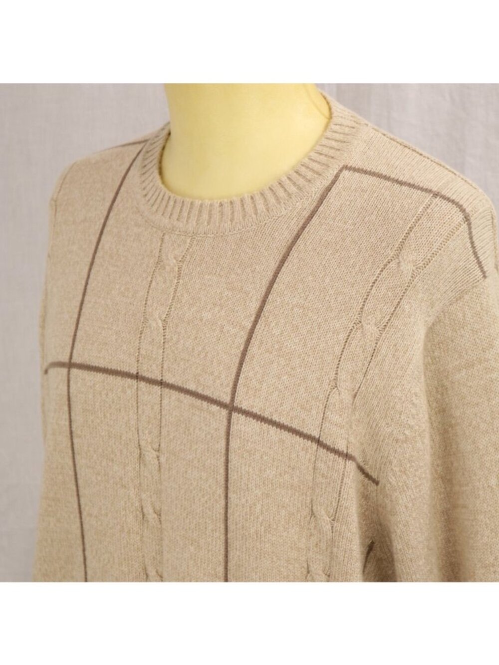 Eclectic Grandpa Dockers Sweater Men L Beige Cable Knit Pullover Brown Plaid VTG - Picture 8 of 12